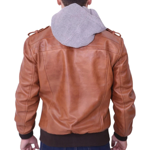 Blouson moto d'hiver pour homme en cuir d'agneau véritable marron, style décontracté, avec fermeture éclair gaufrée, imperméable, à capuche, tissu ODM - Product Image 2
