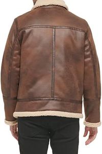 <b>Brown</b> <b>Leather</b> <b>Jacket</b> <b>Men</b> Zip Up Turn Down Collar Sherpa Lined Moto Biker Style Winter Outerwear - Product Image 2