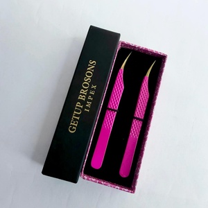 Pince à épiler pour cils GETUP BROSONS IMPEX en acier inoxydable, pointe lisse rose, outil de précision en boîte - Product Image 1