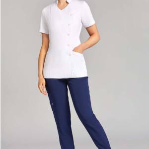 ชุดยูนิฟอร์มพยาบาลผ้าเดนิมคุณภาพเยี่ยม สีพื้น ระบายอากาศได้ดี สวมใส่สบาย เสื้อคอวี สำหรับงานทางการแพทย์ - Product Image 3