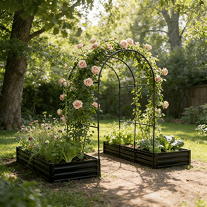 Set di 2 Fioriere da Giardino in Metallo con Traliccio ad Arco, Contenitori per Piante Rampicanti da Esterno, Recinzioni e Cancelli Rialzati - Product Image 3