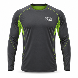 T-shirt de sport à manches longues pour homme, gris foncé, panneaux en mesh vert lime, séchage rapide, col rond, coupe classique, logo personnalisé imprimé sur le devant - Product Image 3