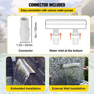 Fontaine de jardin rectangulaire en acier inoxydable de 59,1 pouces avec cascade extérieure, déversoir et connecteur de tuyau LED, cascade murale - Product Image 5