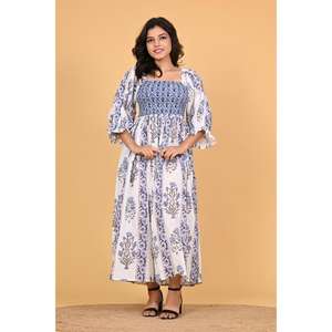 Robe longue maxi indienne 100 % coton imprimée au bloc, style bohème smocké, pour femme, motif floral, idéale pour l'été et l'automne, tenue de soirée - Product Image 6