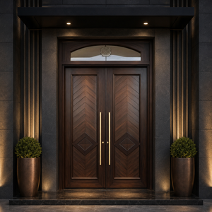 Puerta de Entrada Doble de Madera Maciza de Nyatoh Personalizada, Diseño Moderno con Patrón Chevron, Puerta Exterior Frontal de Fábrica en Malasia - Product Image 2