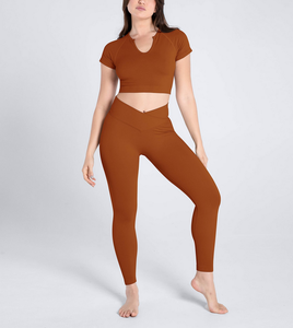 Solid Breathable Sports V-Neck <b>Crop</b> <b>Top</b> T-Shirt & High Waist Bum Lift Leggings Yoga Set for Women Activewear Gym Fitness Outfit - Product Image 1