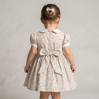 Vestido de Verano para Niñas, Diseño Personalizado OEM ODM, Estilo Línea A, Algodón, Estampado Floral, Hecho a Mano, con Pliegues, Cuello Peter Pan, Estilo Puff, Largo hasta la Rodilla