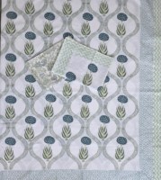 Parure de lit en coton percale imprimée à la main, 200 fils, écologique, motif ethnique floral bleu et vert sauge, taille King/Queen