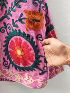 Vintage Pink <b>Velvet</b> Embroidered <b>Jacket</b> With Floral Pattern Full Sleeve Stand Collar Handmade <b>Women's</b> Winter Outerwear - Product Image 6