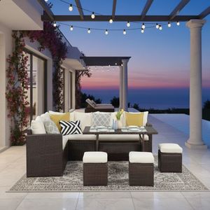 Conjunto de Comedor de Mimbre de 7 Piezas para Patio, 9 Plazas, con Cojines Color Marfil, Sofá, Otomanas y Mesa de Comedor para Terraza, Jardín o Patio Trasero - Product Image 2