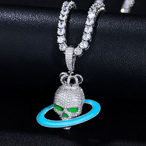 Pendentif Crâne Alien Plaqué Argent avec Anneau Bleu et Strass, Collier Hip-Hop, Bijou de Mode pour Homme, Cadeau - Product Image 3
