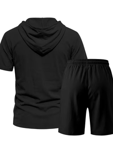 Men Solid Black Hooded Button-Up Shirt Set Short Sleeve Knitted Breathable Polyester/Cotton Quick Dry Casual Summer Outfit - Product Image 2