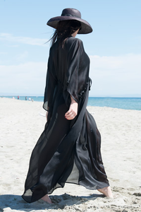 Robe de plage en mousseline de soie noire transparente pour femme, kaftan léger, robe de plage pour l'été - Product Image 4