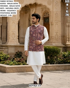 Kurta Payama en satin blanc Malai pour homme Royal 2.0 avec Koti brodé violet, tenue traditionnelle de mariage, tailles M, L, XL, 2XL - Product Image 1
