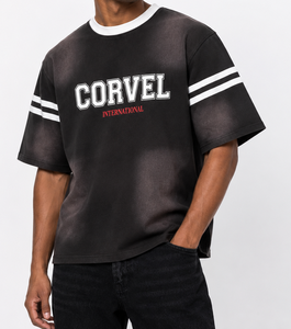 Retro Oversized Varsity T-<b>shirt</b> Contrast Stripes Custom Letter Print High GSM Sun Faded Cotton Jersey Wholesale Men's <b>shirts</b> OEM - Product Image 2