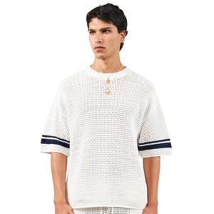 T-shirt en tricot crocheté à rayures contrastées, blanc, manches courtes, tricot texturé, décontracté d'été, respirant, col rond - Product Image 4