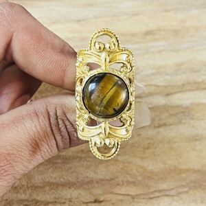 Hot Selling Tiger Eye Chunky <b>Ring</b> Vintage Filigree Style Boho <b>Ring</b> 18k Gold Plated Brass <b>Statement</b> Chunky Wholesale Womens <b>Ring</b> - Product Image 6