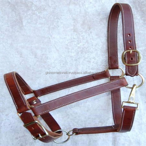 Brown Premium English Saddle Leather horse <b>halter</b> in all custom sizes and colors with strong edge stitching and brass fittings - Product Image 3