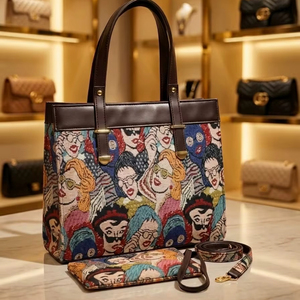Conjunto de bolsos de mano con estampado artístico vintage — Bolso de lona estilo boutique con pulsera de cremallera a juego - Product Image 1