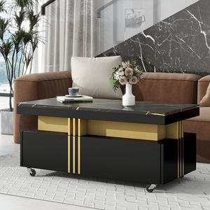 Mesa de Centro Rectangular Contemporánea TREND con Superficie de Imitación Mármol y Ruedas, Mesa de Café Moderna con Video - Product Image 2
