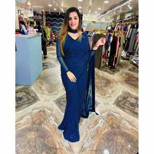 CRÉATEUR GEORGETTE SWAROVSKI TRAVAIL PRÊT À PORTER SAREE AVEC BLOUSE COUSE BLEU - Product Image 1