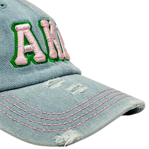 AKA <b>Light</b> Denim Distressed <b>Hat</b> Pink Embroidered Letter Washed Blue Denim Baseball Cap Adjustable Cotton Headwear Casual Fashion - Product Image 5