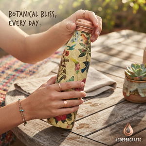 Botella de Agua de Cobre Puro con Estampado Floral Blanco Premium |   Termo Ayurvédico de Cobre a Prueba de Fugas para Beber Saludablemente y Regalar - Product Image 2