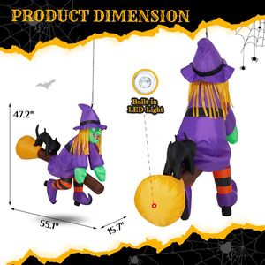 3.9 FT Halloween LED Inflatable Witch Riding Broom Scary Outdoor Yard Decorations Built From Window Broke Out - Product Image 3