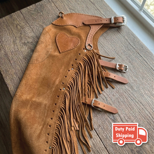 Chaps de cowgirl occidentale pour femme en cuir véritable, avec franges et patch cœur, ceinture intégrée, durables, coupe décontractée, pour l'équitation et le rodéo - Product Image 6