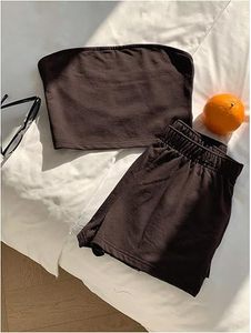 Ensemble décontracté deux pièces sans bretelles pour femme en polyester/coton, tissu tricoté respirant, haut court et pantalon large, été - Product Image 4