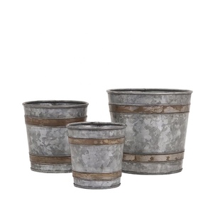 Set of 3 Rustic Galvanized Metal Buckets with Decorative Bands <b>for</b> Planters or Storage - Product Image 1