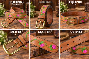 Ceinture Equipro en cuir de vachette véritable marron, broderie rose motif animal, boucle à ardillon, style vintage décontracté, réversible, largeur 3,5 cm, 110 cm - Product Image 3