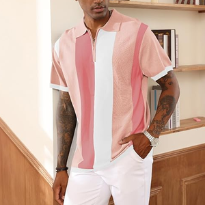 <b>Men's</b> Pink White Striped Knitted Short Sleeve Polo Shirt Casual Zipper Design Regular Fit - Product Image 3