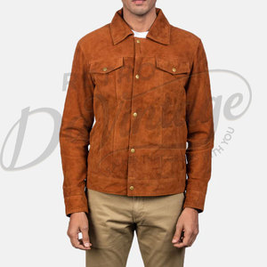 Chaqueta de cuero de gamuza marrón para hombre, estilo camionero, piel de oveja auténtica, corte ajustado, informal, con botones, estilo occidental, diseño vaquero. - Product Image 4