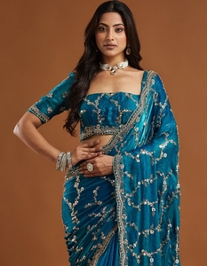 Sari de Mezcla de Seda Bollywood Bordado Reversible KV, Sin Arrugas y de Secado Rápido (Azul) para Fiestas y Bodas de Otoño - Product Image 1
