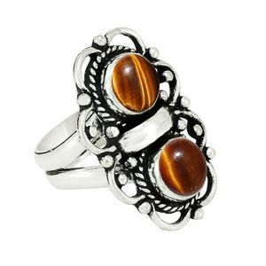 Bague Gourik en argent sterling 925 avec œil de tigre, style bohème du Sud-Ouest, sertie d'une pierre précieuse ronde, vintage, pour usage quotidien, oxydée, pour femme - Product Image 2