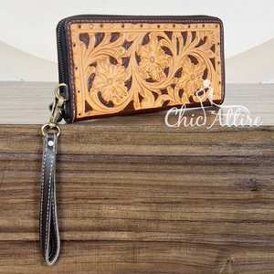 Cartera de mano de cuero genuino con diseño floral, estilo occidental, hecha a mano, con cremallera, para tarjetas de crédito y tarjetas ATM, venta al por mayor - Product Image 1