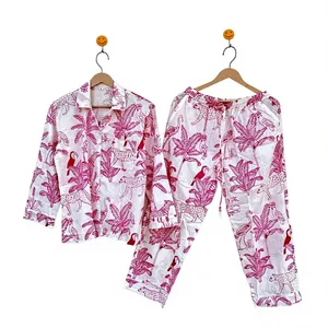 Conjunto de Pijama de Algodón 100% para Mujer, Estampado Floral a Rayas, Manga Larga, Cuello Camisero, Suave, Ropa de Dormir Larga, Ropa Casual - Product Image 4