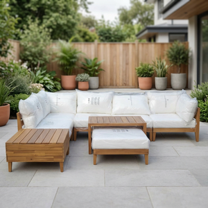 Conjunto de sofá de madera para exteriores moderno de 6/8/10 plazas con mesa de centro y cojines blancos, colores de cojines personalizados OEM ODM - Product Image 4