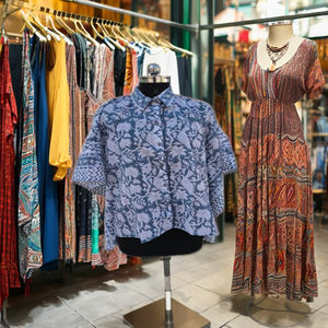 Robe courte en coton décontractée respirante à manches longues et col en V, élégante, douce, naturelle, écologique, pour femmes, tunique, impression à la main - Product Image 2