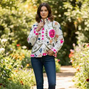 Chaqueta Artesanal Bordada con Flores, Tela de Algodón TNT, Bordado a Mano, Manga Larga, Bolsillos Laterales para Mujer, Estilo Boho Chic - Product Image 2