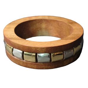 Bracelet en bois bicolore de qualité supérieure avec incrustation alternée de laiton et d'argent – Manchette géométrique moderne en bois poli à la main - Product Image 1