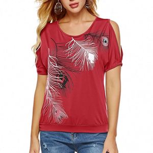 <b>Women</b> Summer Satin Breathable Quick Dry Casual Short Sleeve Sexy off Shoulder Feather Print <b>Loose</b> Plus Size 2XL T-<b>shirt</b> - Product Image 5