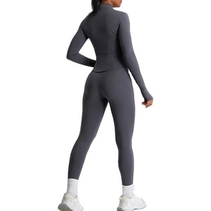 Ensemble de yoga 2 pièces-Tenues d'entraînement pour femmes-Survêtement à manches longues avec fermeture à glissière-Veste mince-Leggings à taille haute-Gym Sport Running Suit - Product Image 5