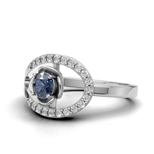 Bague de fiançailles de luxe en or blanc/rose et or jaune 18 carats avec saphir bleu rond et halo ouvert, vente en gros - Product Image 3