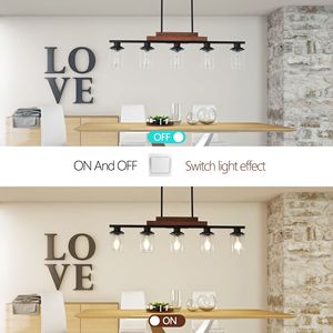 Lampadario Industriale Stile Fattoria a 5 Luci per Isola Cucina, 37 Pollici, Altezza Regolabile, in Metallo e Legno con Paralumi in Vetro Trasparente - Product Image 5