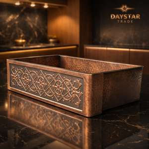 Évier de cuisine en cuivre pur Daystar Trade, fait main, surface martelée brossée, quatre trous, double bac, à encastrer sous le plan. |   Moderne 1.2-3.0mm - Product Image 3