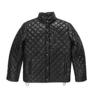 Chaqueta de cuero de vaca auténtica con diamantes acolchados negros Vintage de invierno para hombre, cuello levantado, cremallera, cierre de botones, estilo callejero - Product Image 2
