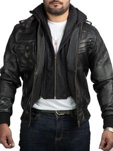 Veste en cuir noire à capuche pour homme, style motard, effet usé - Product Image 4