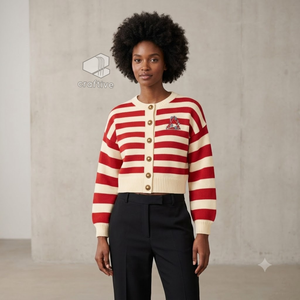 Delta |   Sigma |   Cardigan en tricot rayé boutonné pour femme Theta, couleur rouge cramoisi, blocs de couleur, manches longues, vêtements de sororité - Product Image 4